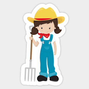 Farm Girl, Cute Girl, Brown Hair, Farmer, Rake Sticker